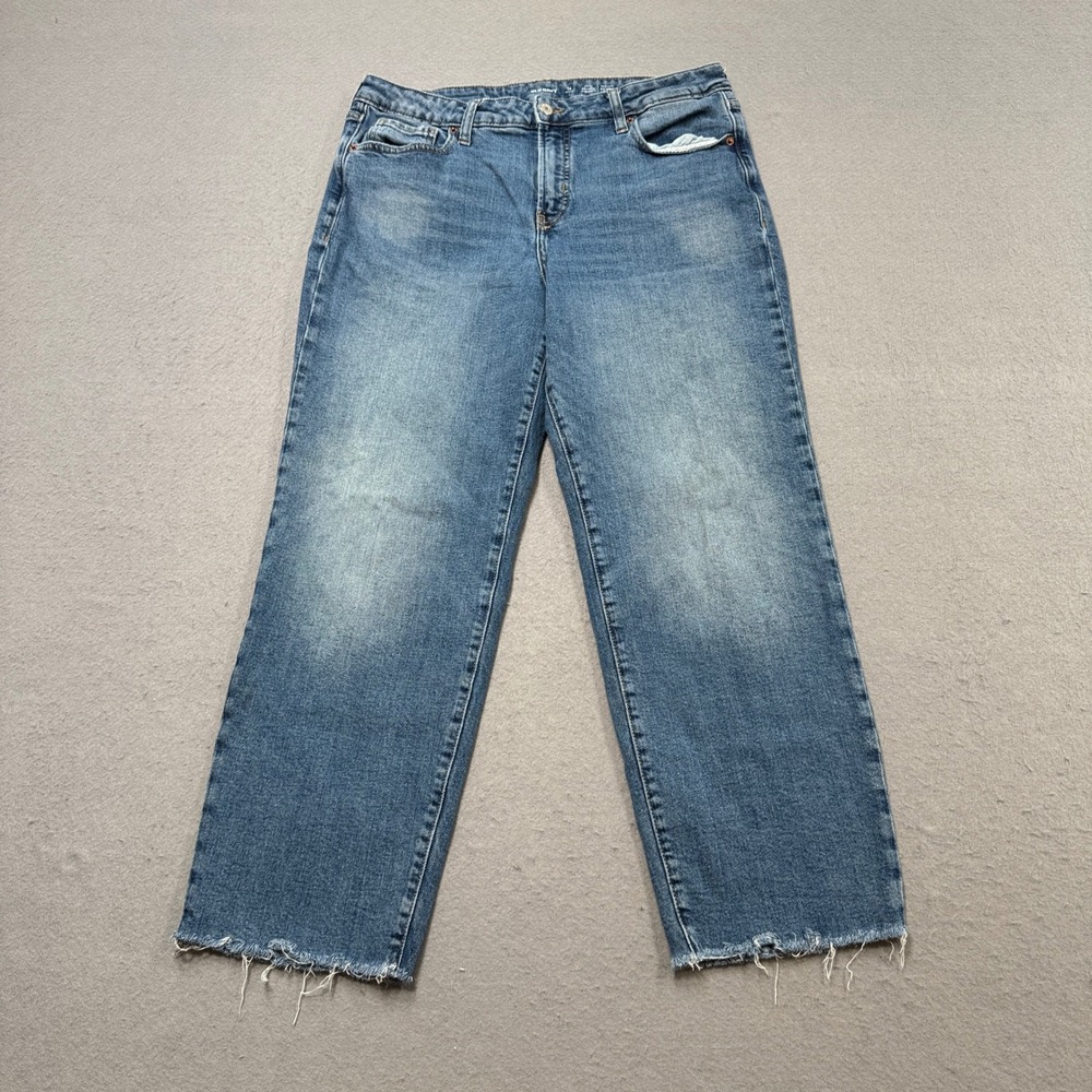 Old Navy Baggy Jeans Women's 14 Petite Blue Denim High Rise Raw Hem Medium Wash